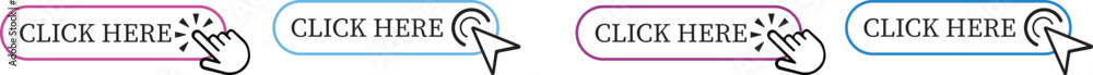 Poster click here button icon set.pointer click button. modern action button mouse click symbol. computer m