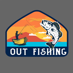 Vintage fishing logo design featuring a fisherman in a boat catching a large fish with an orange sunset and blue water background. 