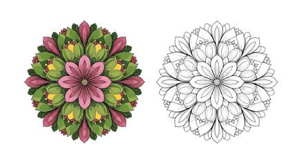 Beautiful Circular Floral Mandala Coloring Page in Full Color and Elegant Line Art Style