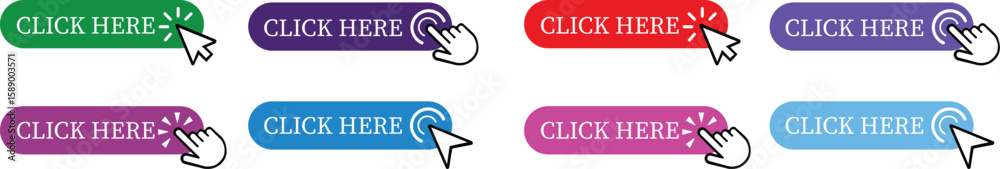 Poster click here button icon set.pointer click button. modern action button mouse click symbol. computer m