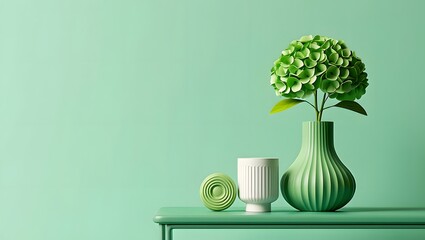 Mint green aesthetic flower arrangement in vase on table still life photography art decor