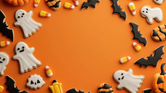 Halloween-themed cookies and candies arranged in a circular pattern