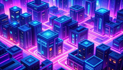Isometric Pixelated Cityscape Rendered With Neon Lights and Geometric Building Structure