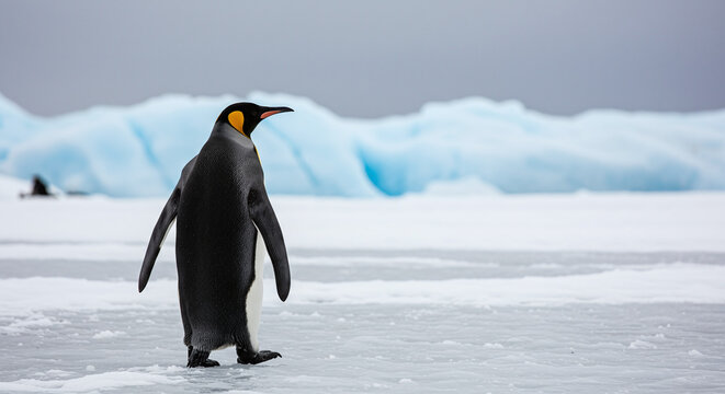 Majestic King Penguin Stands on Ice Amidst Antarctic Landscape