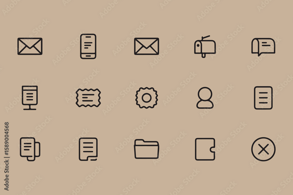 Fototapete collection of simple black outline icons representing communication documents user profiles and acti