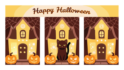 Three halloween houses with pumpkins and one with a black cat on a yellow background banner saying happy halloween