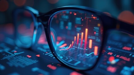 Close-up of glasses reflecting complex financial data visualization with stock market graphs and digital interface elements in blue and red color spectrum.