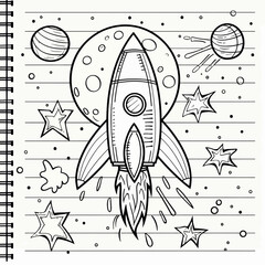 A hand-drawn sketch of a rocket launching in space. A creative concept design on a notebook background with moon and stars. Space adventure coloring page for kids.