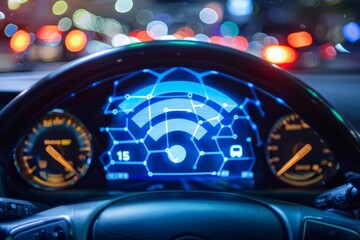 Internal view of futuristic car showing wifi signal on dashboard with speedometer, fuel gauge and blurred city lights in background at night
