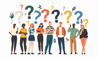 People under question marks convey uncertainty, curiosity, and questions. Represents brainstorming, problem-solving, and seeking answers.
