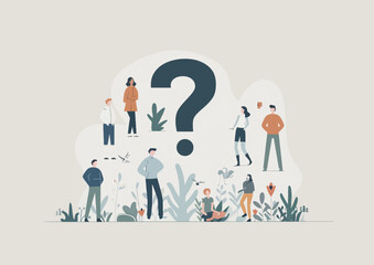 Diverse people brainstorm around a giant question mark amidst plants, symbolizing inquiry, research, and exploring options.