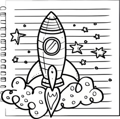 Cartoon drawing of a rocket launching into space, set against a lined notebook page. The rocket surrounded by stars and clouds in a hand drawn style. Ideal for children's designs.