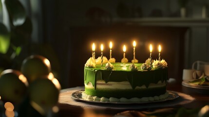 Green birthday cake with candles on white table background, festive party dessert with colorful sprinkles and frosting, celebration decoration for birthday event or holiday greeting design




