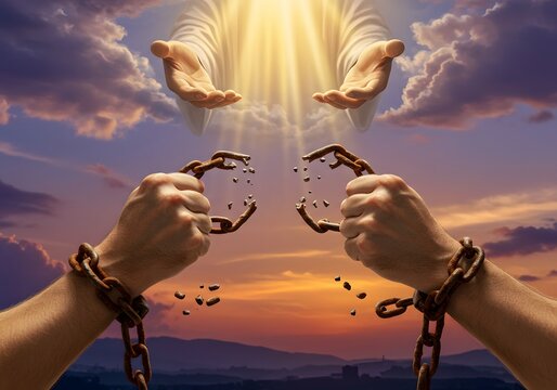 Freedom's Embrace Breaking Chains, Divine Light, Jesus Hands, Liberation Concept, Spiritual Guidance.