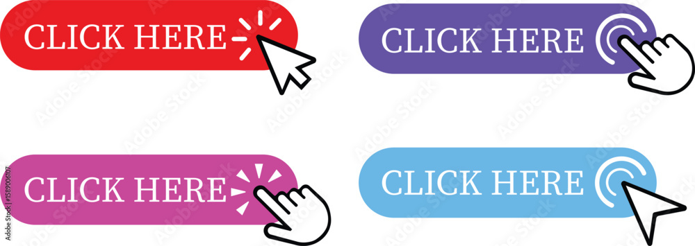 Fototapete Click Here Button Icon set.Pointer Click button. Modern action button mouse click symbol. Computer mouse click cursor or Hand pointer symbol. Cursor arrow icon. Clicking finger. Vector illustration.