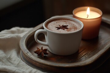 Hot chocolate with star anise and a burning candle create a cozy atmosphere on a wooden tray, perfect for a relaxing evening