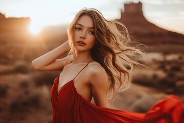 Blonde fashion model with flowy red dress posing in Monument Valley at sunset, touching her hair