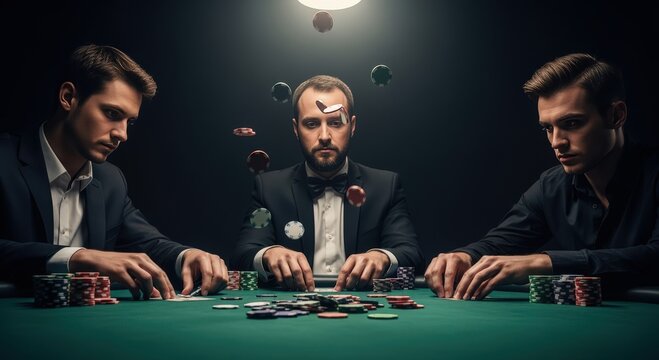Three men play poker with chips and cards on a green table in a dark, smoky casino.