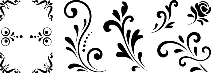 Black decorative floral swirls and flourishes with dots and circles vector