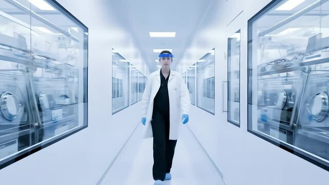 Scientist walks in clean lab,  researching vaccine, medicine, wearing protective gear, face shield, gloves in pharmaceutical setting. Science, medical advancement,  health concepts.