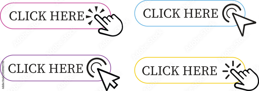 Fototapete Click Here Button Icon set.Pointer Click button. Modern action button mouse click symbol. Computer mouse click cursor or Hand pointer symbol. Cursor arrow icon. Clicking finger. Vector illustration.