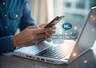 Person using smartphone and laptop with chat bubble and globe icons symbolizing online support
