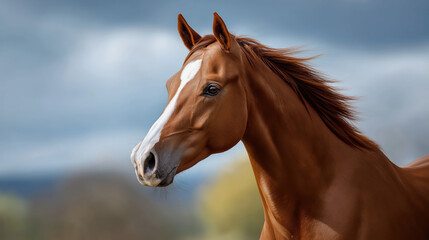 Fototapeta premium Graceful Chestnut Horse in Natural Landscape