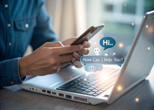 Person using smartphone and laptop with chat bubble and globe icons symbolizing online support - Powered by Adobe