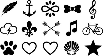 Black graphic icons collection featuring nature music transport and symbols vector silhouette