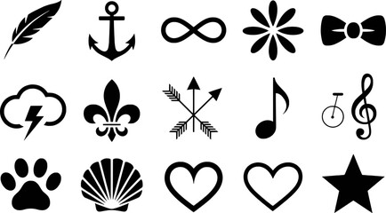 Black graphic symbols collection featuring nature music and nautical elements vector silhouette