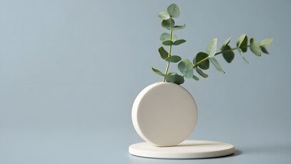 Minimalist eucalyptus plant arrangement in white vase on pastel background still life photo