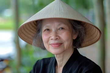 Close up portrait of a cheerful elderly Vietnamese woman wearing a traditional conical hat, showcasing a genuine smile and cultural heritage