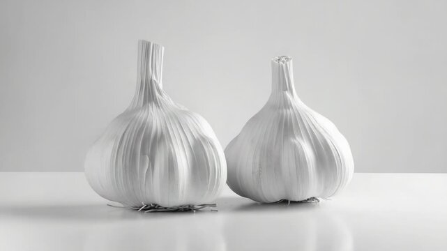 Close-up view of two garlic bulbs sitting on a table, ready for use in cooking