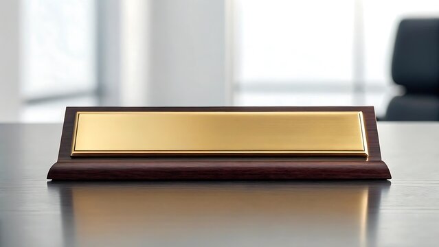 Polished brass nameplate on dark wood gold