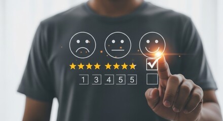 Customer Satisfaction Survey with Hand Selecting Positive Feedback and Rating with Stars and Happy Face Icon