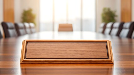 Polished wooden nameplate on conference table office interior