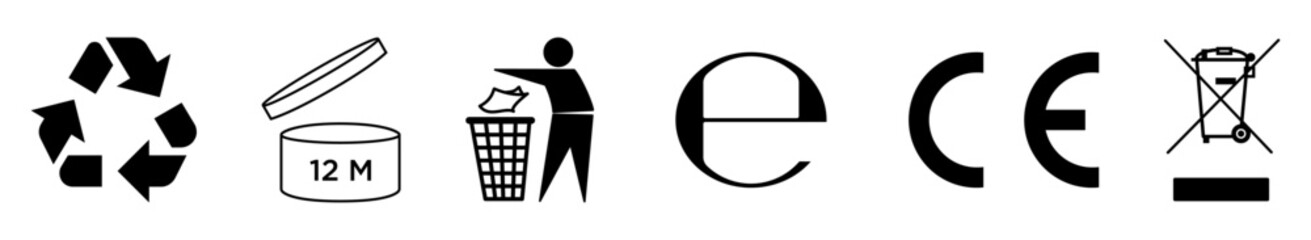 Recycling and packaging icons including CE mark, trash bin, 12M symbol, and eco label. Clean vector symbols for product packaging and environmental labeling.