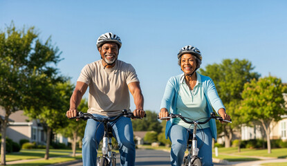 Realistic photo of a smiling senior couple biking on a quiet suburban road in midday light. Clean, high-resolution image perfect for commercial and editorial use