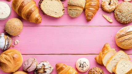 Delicious Bakery Assortment on Pink Wood Background