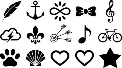 Collection of Black Icons Featuring Feather Anchor Infinity Bowtie Treble Clef Cloud Lightning Bolt Fleur De Lis Arrows