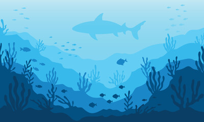Vector silhouette of an underwater landscape with fish, coral reefs, and sharks in the deep sea illustration