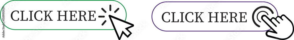 Poster click here button icon set.pointer click button. modern action button mouse click symbol. computer m