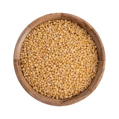 dry couscous in wooden bowl isolated on white background