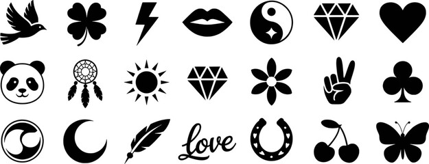 Fototapeta premium Diverse collection of black graphic symbols including animals nature and abstract elements