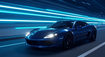 Obraz premium Futuristic Blue Sports Car Speeding Through Neon-Lit Tunnel at Night - High-Speed Driving Concept