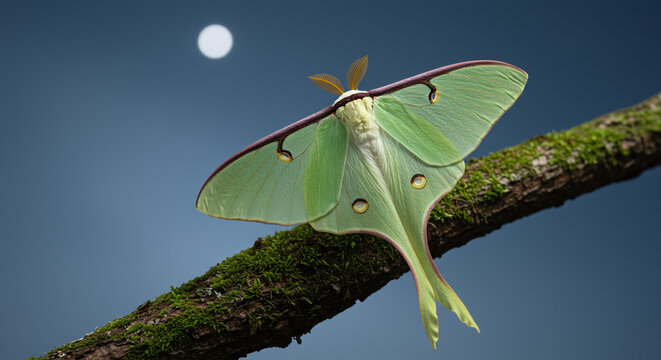 Beautiful Green Luna Moth on Branch Under Night Sky Moon - Powered by Adobe