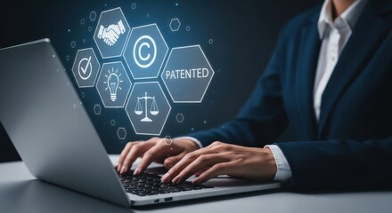 Intellectual Property Protection and Patent Law Concept with Person Typing on a Laptop Computer