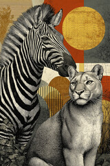 Exotic fantasy art portraits of wildlife animals (puma and zebra) on a geometric abstract background with earth and golden tones