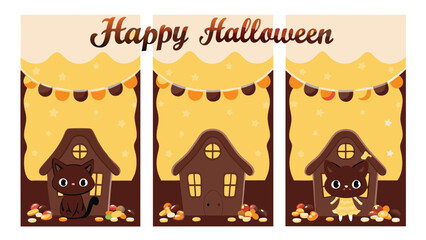 Three halloween themed cards featuring cats and chocolate houses with happy halloween text above them