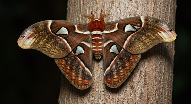 Beautiful Atlas Moth Insect Close Up on Tree Trunk Macro Wildlife